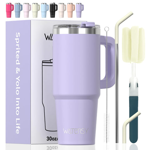 Watersy 30oz tumbler with handle and purple lid for easy transport