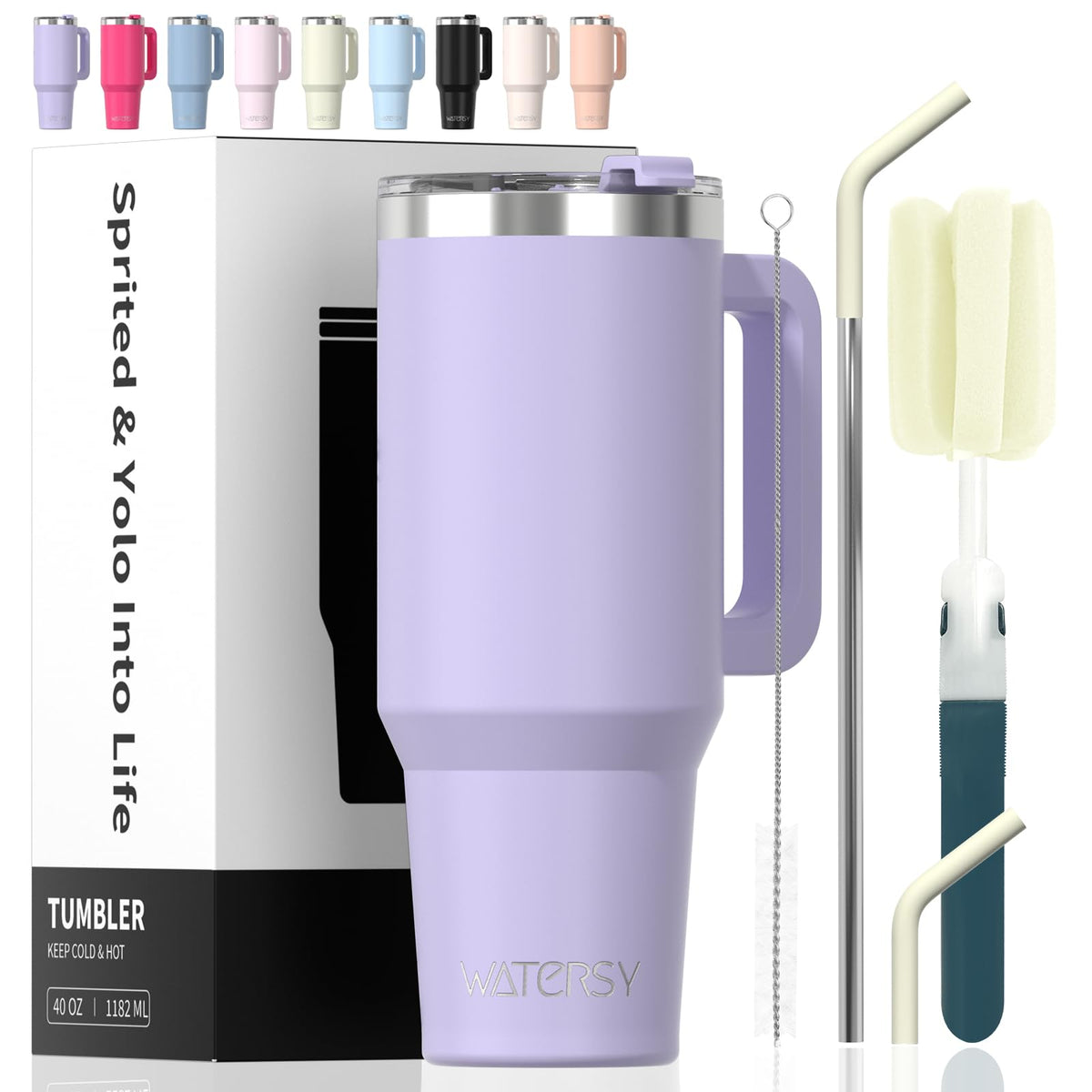 WATERSY 40oz tumbler with handle in purple, easy to carry on the go.