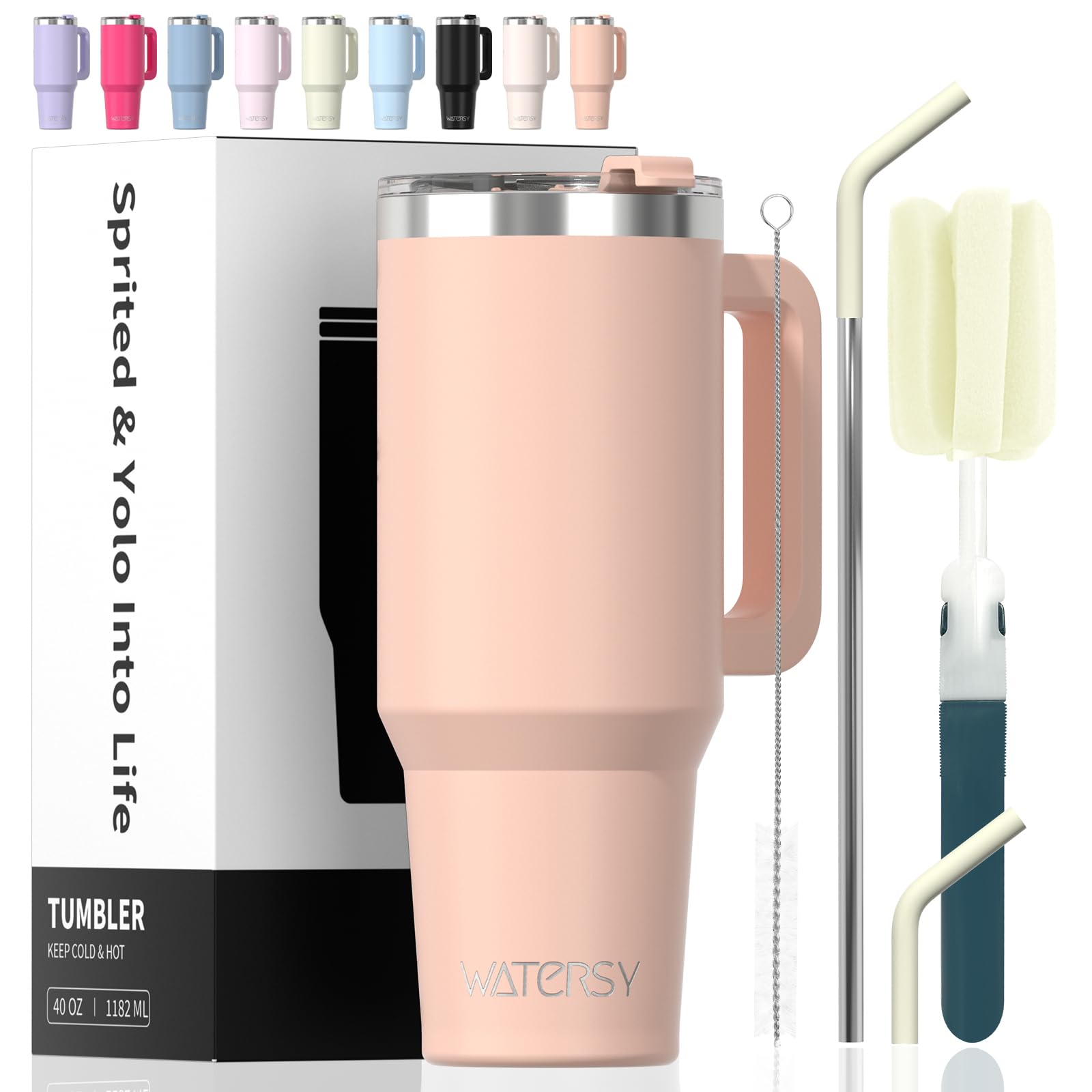 WATERSY 40oz tumbler with pink handle, easy transport during commutes