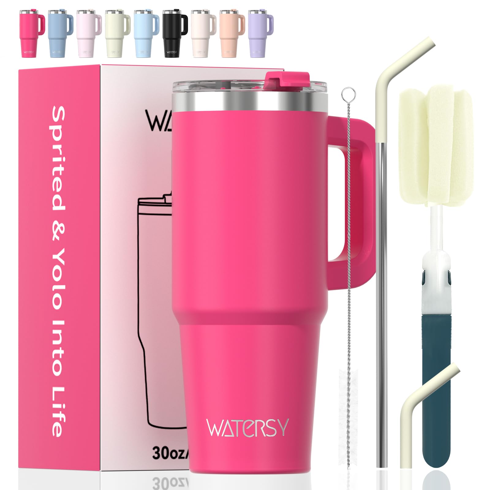 Watersy gloss pink 30oz tumbler with handle for easy portability.