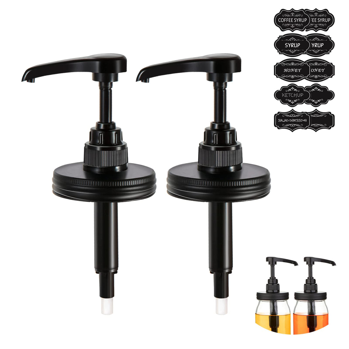 Watsango two-pack syrup pumps on regular-mouth mason jar for precise portions.