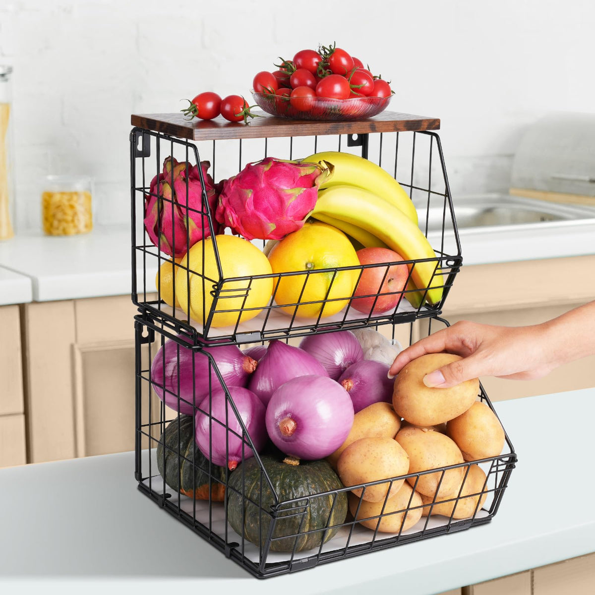 Wawocs 2-tier stackable basket wall mount for space-saving kitchen organization.