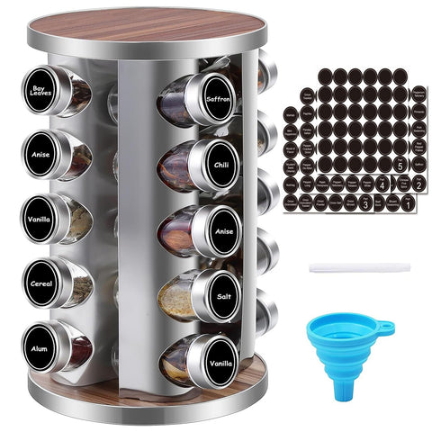 WAYDA rotating spice rack on the counter with 20 jars for easy access.