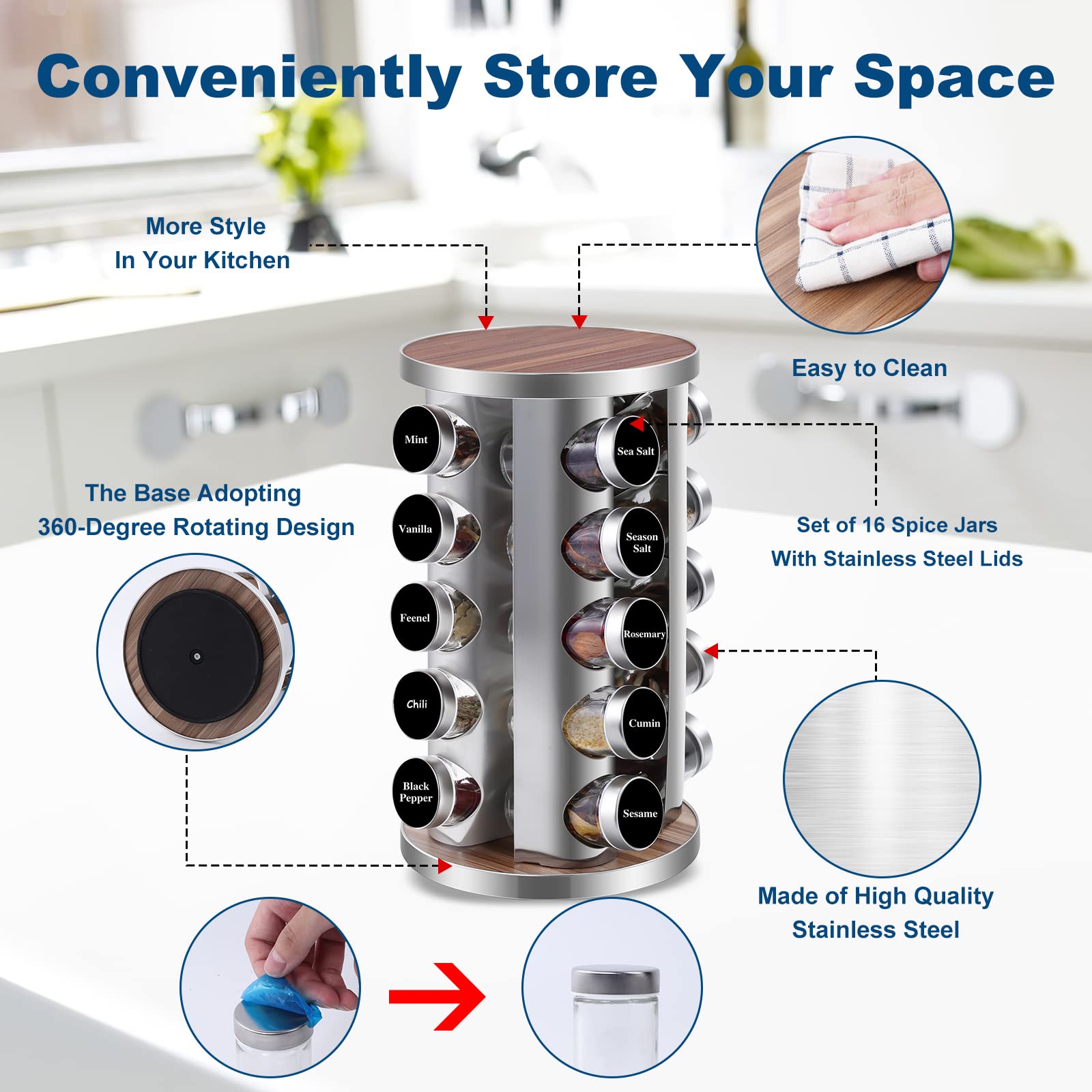 WAYDA 360-degree rotation helps find spices quickly during cooking.
