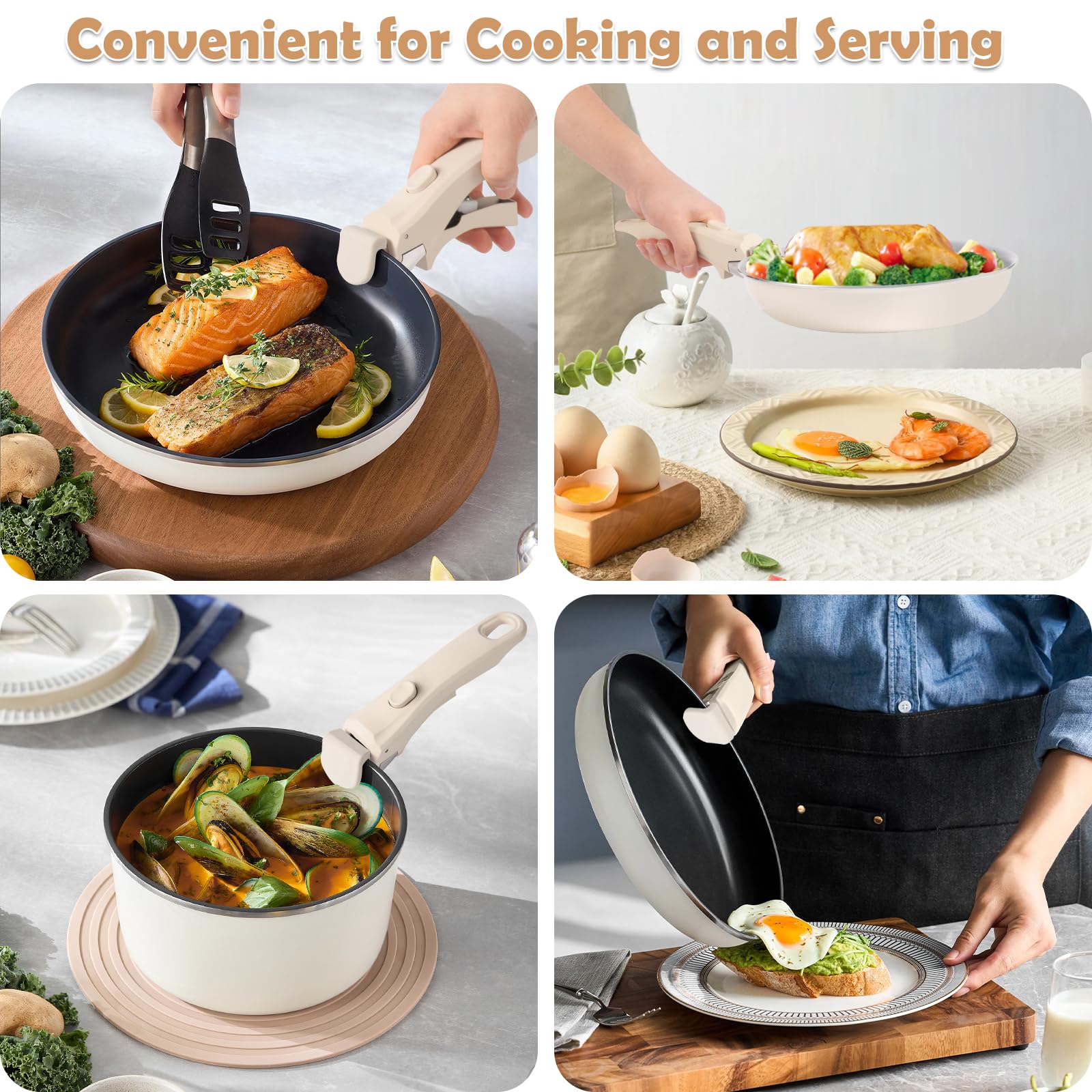 Detachable handle in use works with various cookware