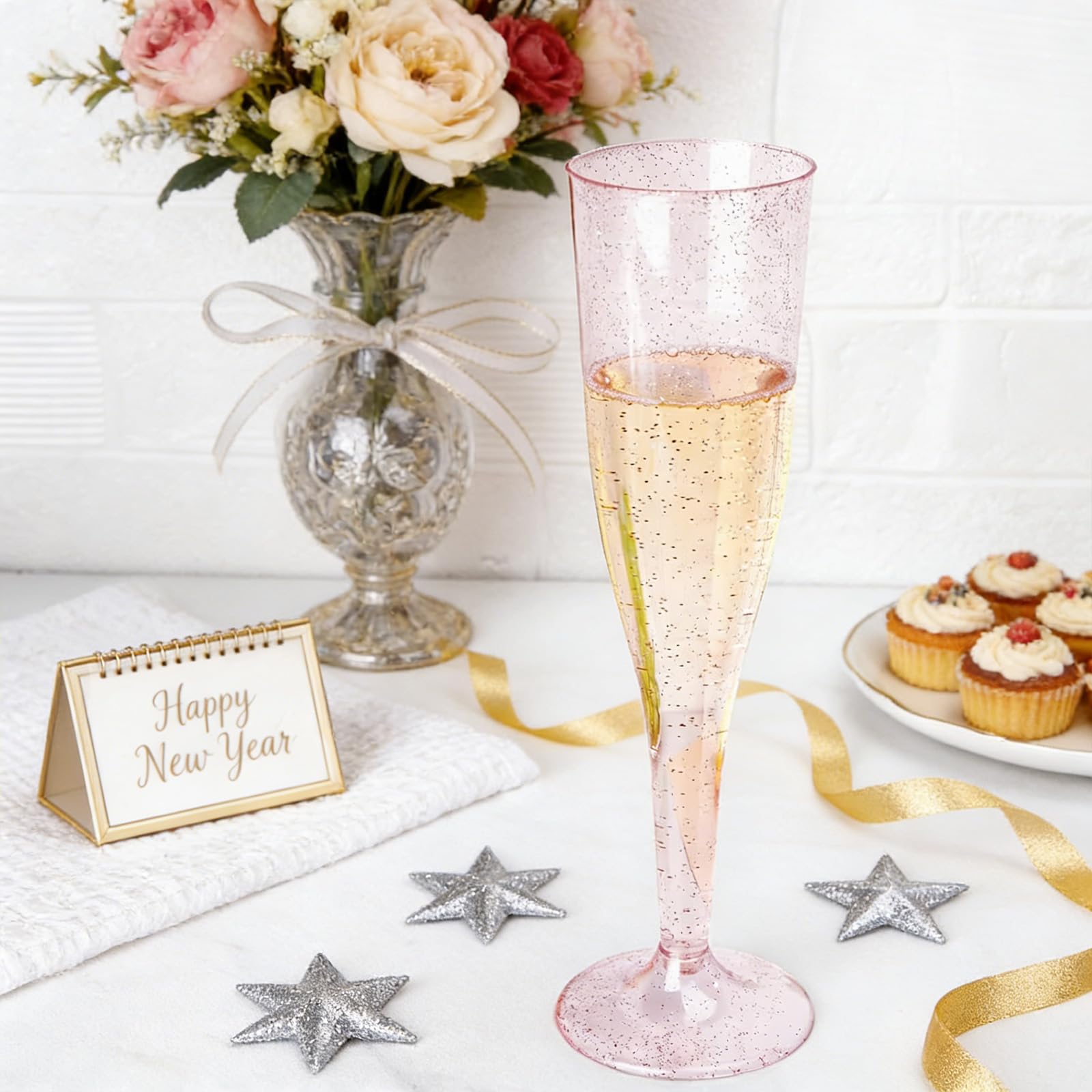 WDF 7oz disposable flute showcases pink glitter, convenient cleanup after events.