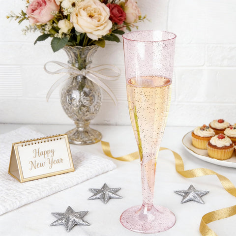 WDF 7oz disposable flute showcases pink glitter, convenient cleanup after events.