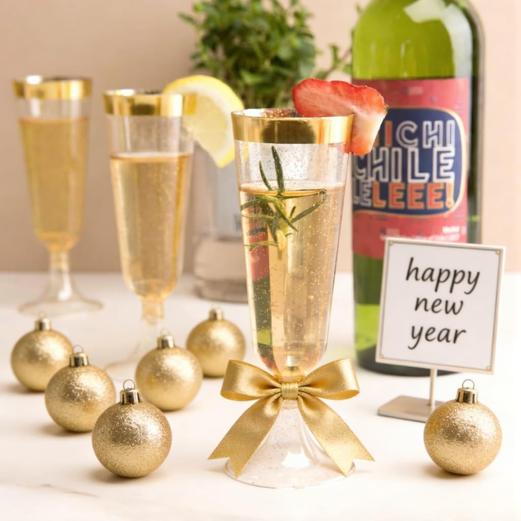 WDF champagne flutes with gold trim elevate tables
