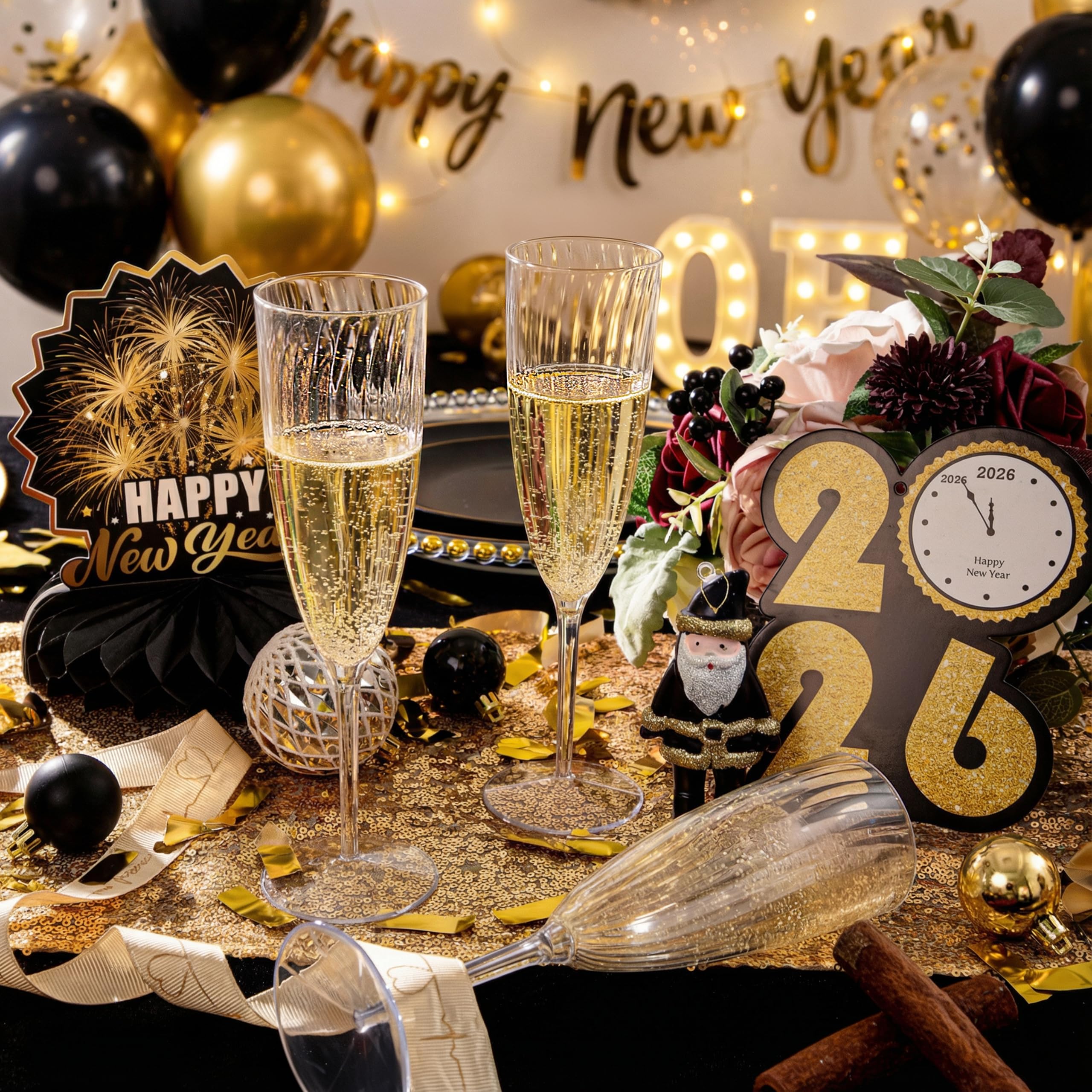 WDF disposable plastic champagne flutes provide a convenient option for gatherings.