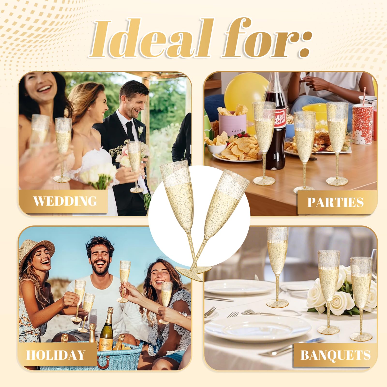 WDF glittering gold flutes on a party table enhance festive ambiance