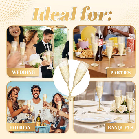 WDF glittering gold flutes on a party table enhance festive ambiance