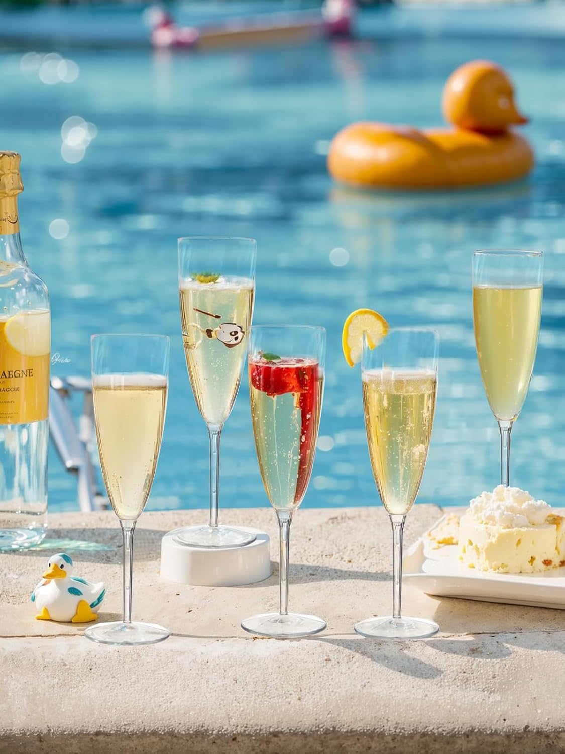 WDF plastic champagne flutes suited for outdoor venues and poolside events.