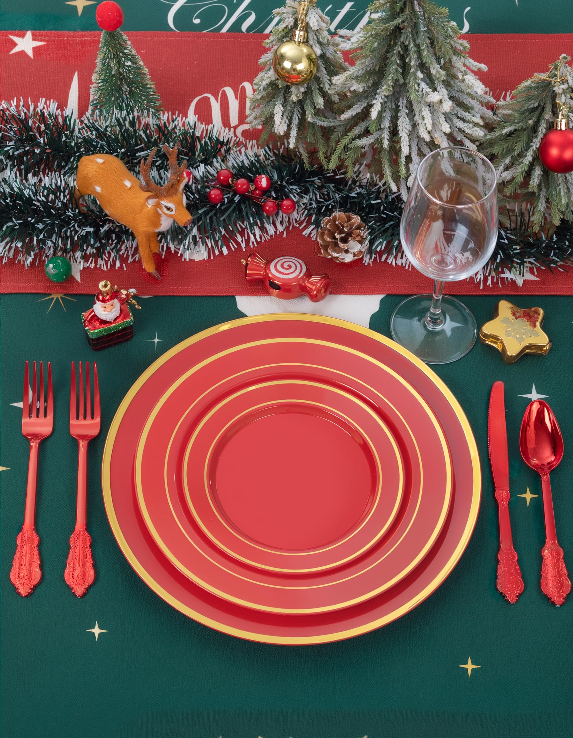WDF wedding table charger with red and gold accents elevates place settings