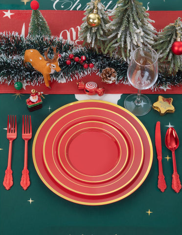 WDF wedding table charger with red and gold accents elevates place settings