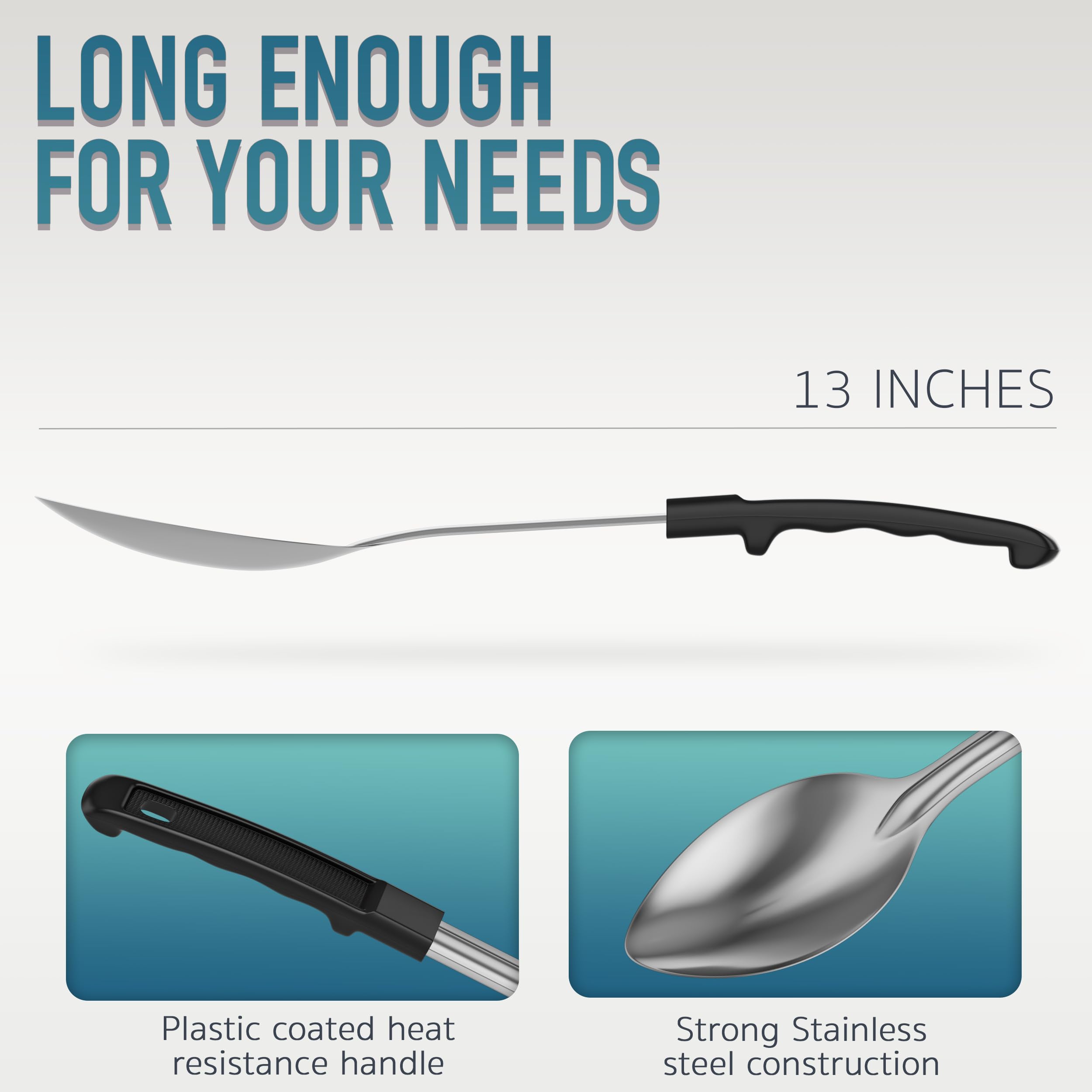 WEALCESS stainless steel spoon with coated handle withstands heat for hot dishes.