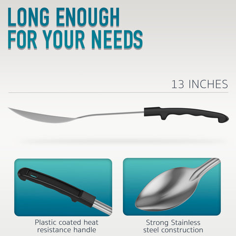 WEALCESS stainless steel spoon with coated handle withstands heat for hot dishes.