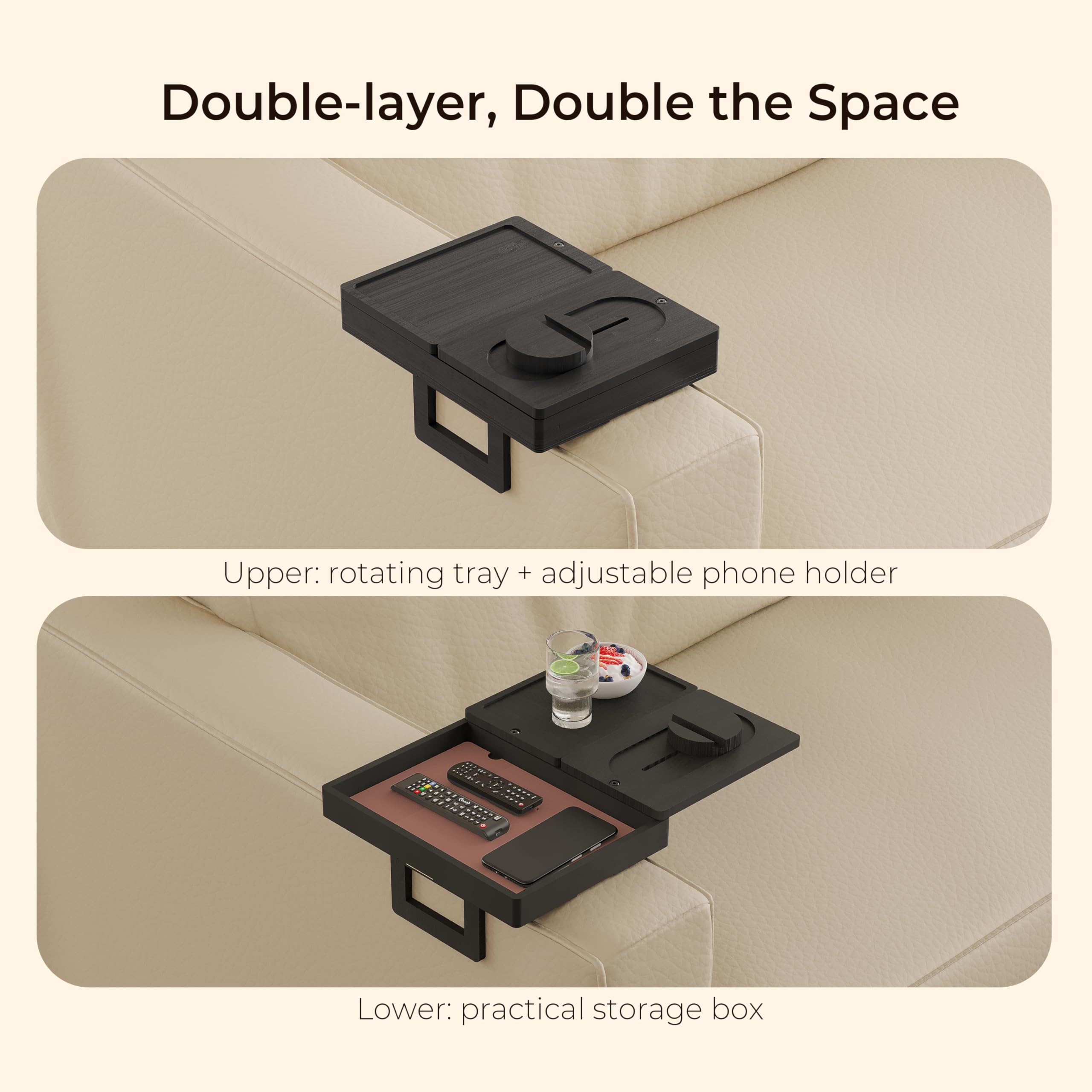Wealone armrest table showing hidden storage box for remotes and chargers.