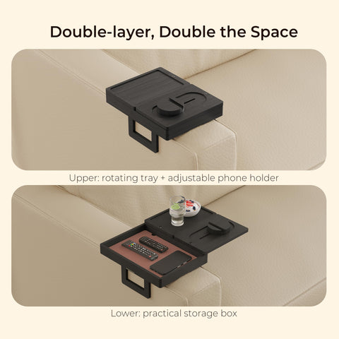 Wealone armrest table showing hidden storage box for remotes and chargers.