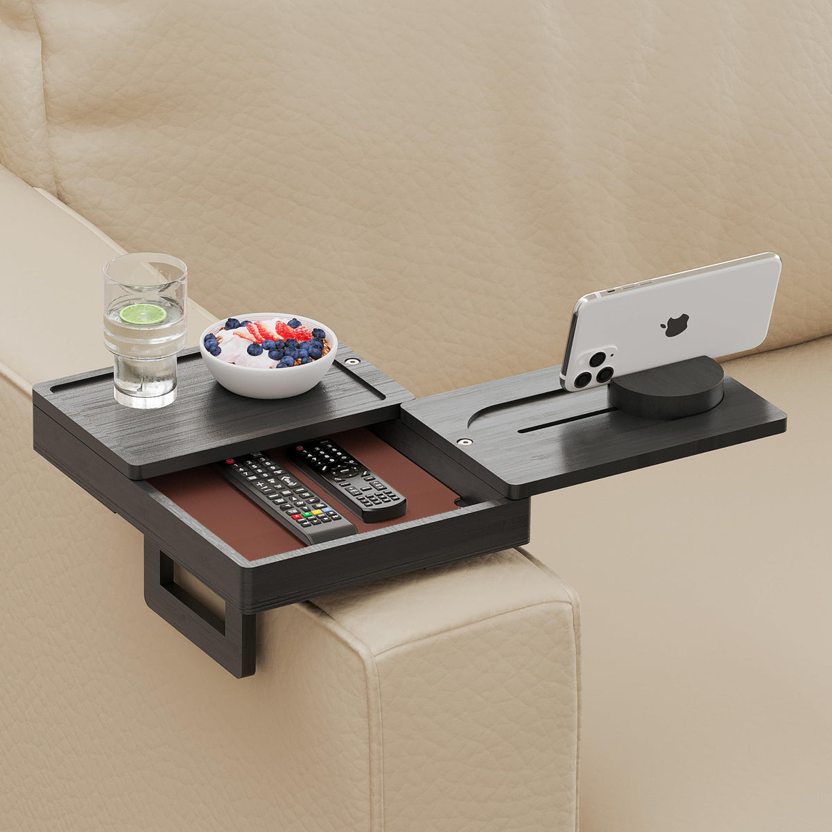 Wealone black couch arm tray with double rotating lids for snacks and devices.