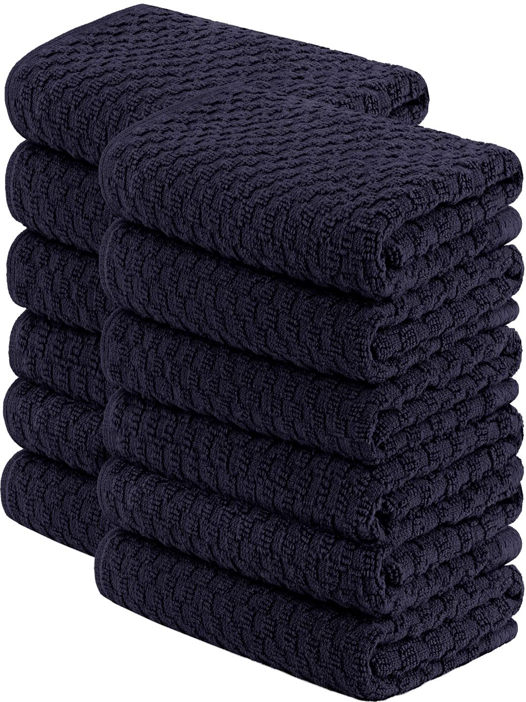 Wealuxe navy dobby weave kitchen towels offer durable, high absorbency for daily drying.