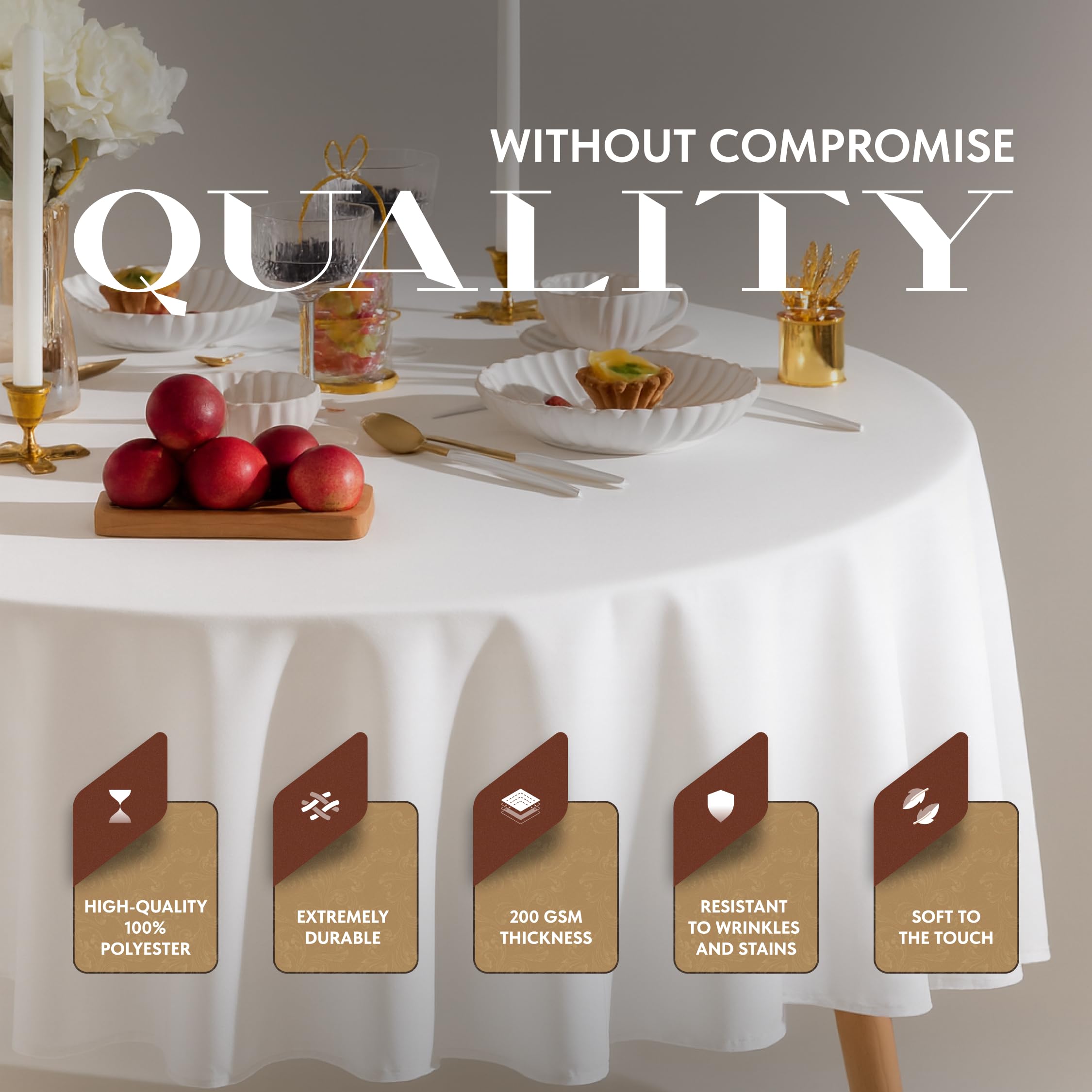 Wealuxe tablecloth texture close-up shows premium 200 GSM fabric.
