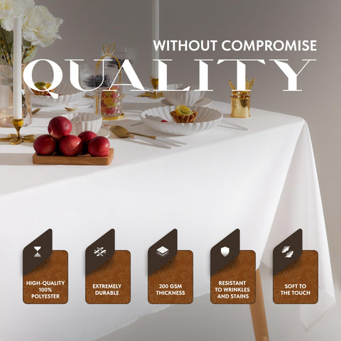 Wealuxe 85x85 tablecloth stain resistance close-up showing easy cleanup.