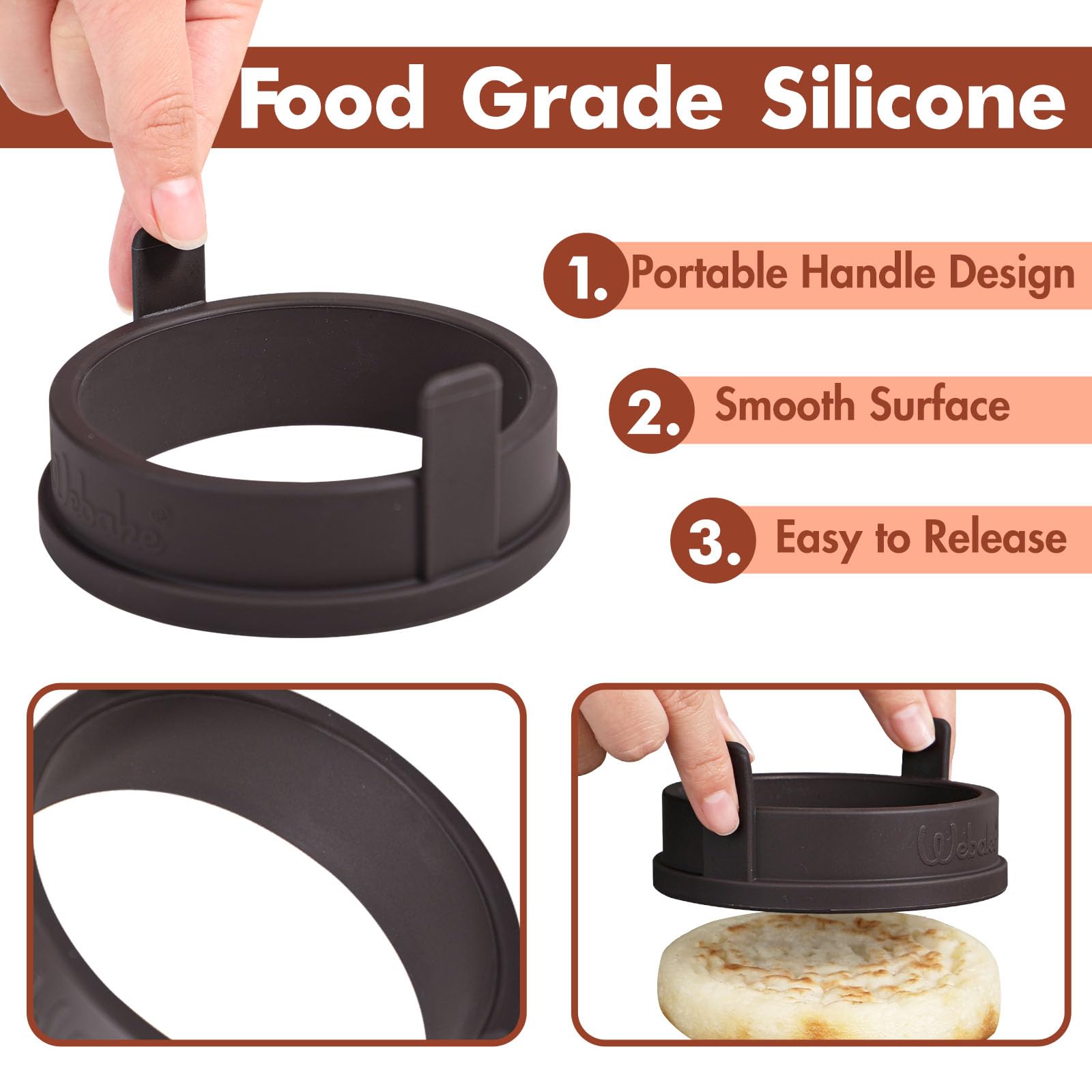 Webake silicone crumpet rings nonstick surface prevents sticking on pans.