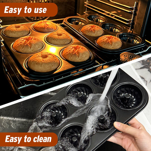 Webake pan in use, baking six mini cakes with even browning.