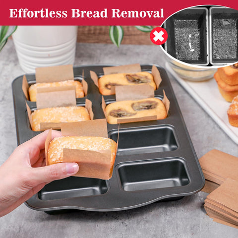 Webake original pre-cut liners fit 8-cavity mini loaf pans.