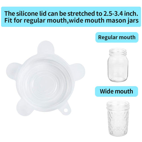 Webake stretch lid for regular-mouth mason jars, adaptable to various container sizes.