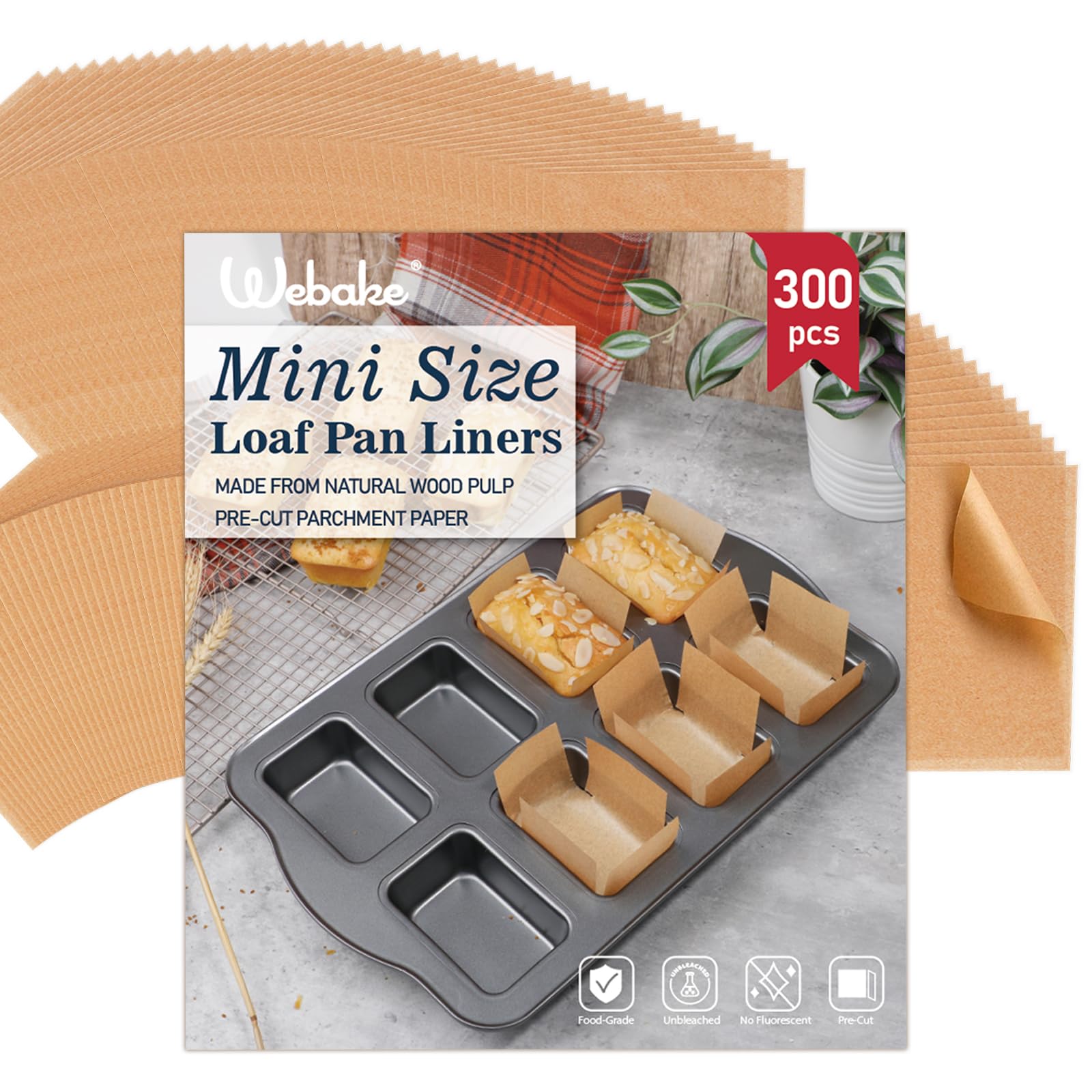 Webake unbleached parchment mini-loaf liners in box view for mess-free prep.