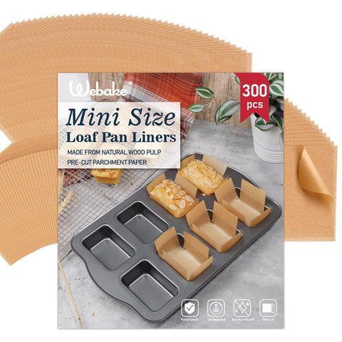 Webake unbleached parchment mini-loaf liners in box view for mess-free prep.