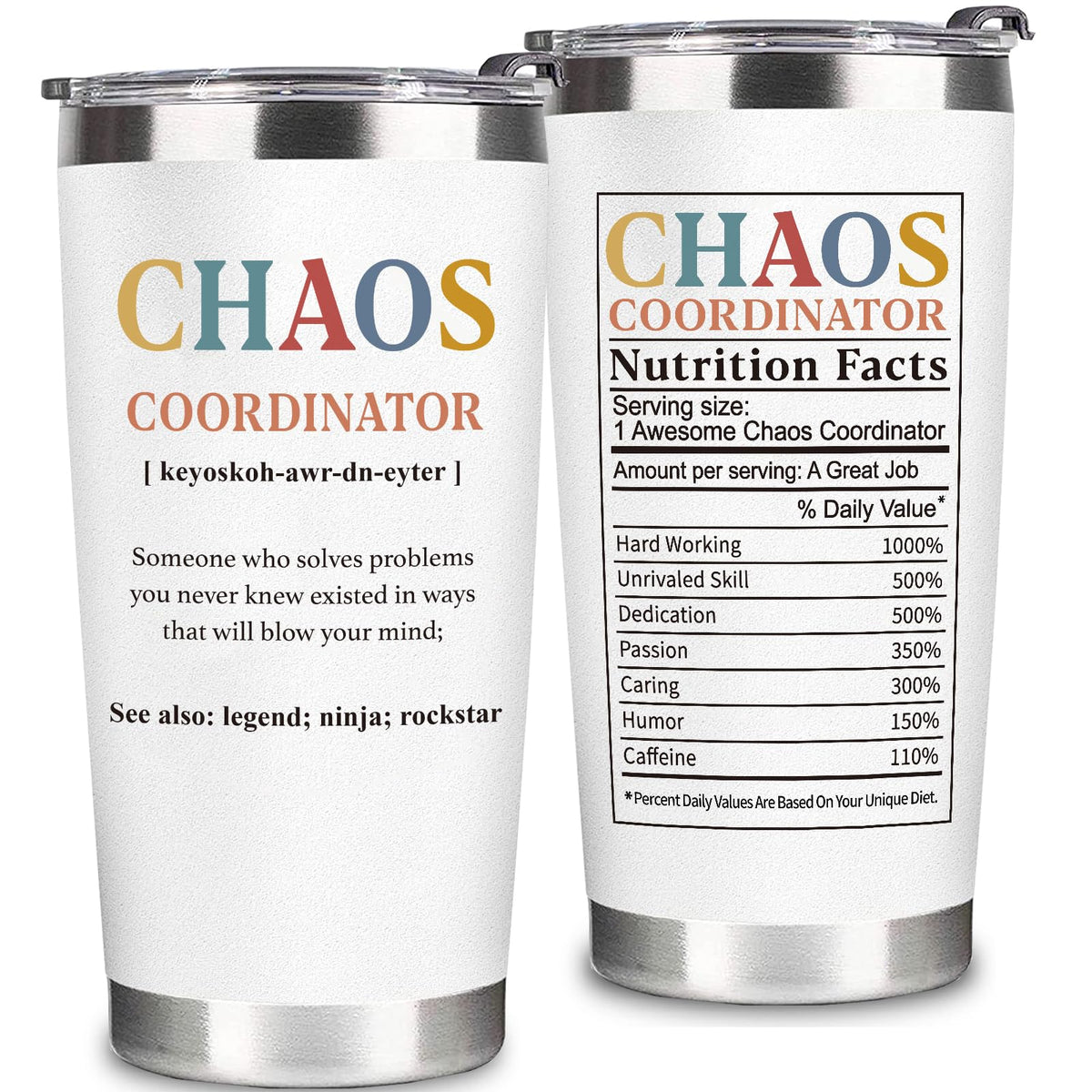 WECACYD Chaos Coordinator tumbler front text enhances daily coffee ritual