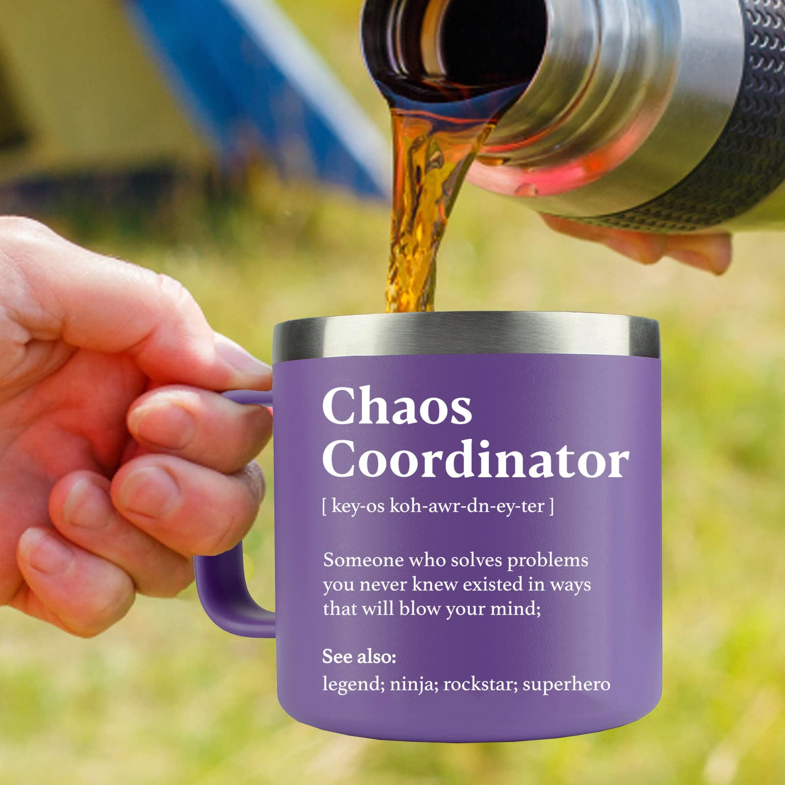 WECACYD Chaos Coordinator mug closeup logo, premium finish and iconic branding.