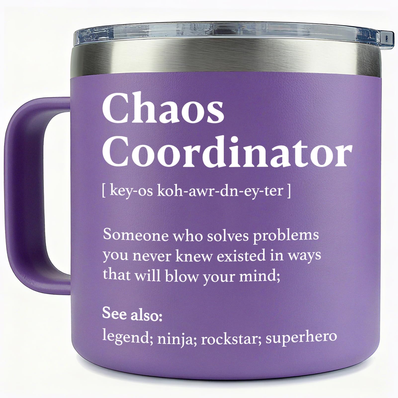 WECACYD Chaos Coordinator mug front view, 14 oz capacity for daily coffee on the go.