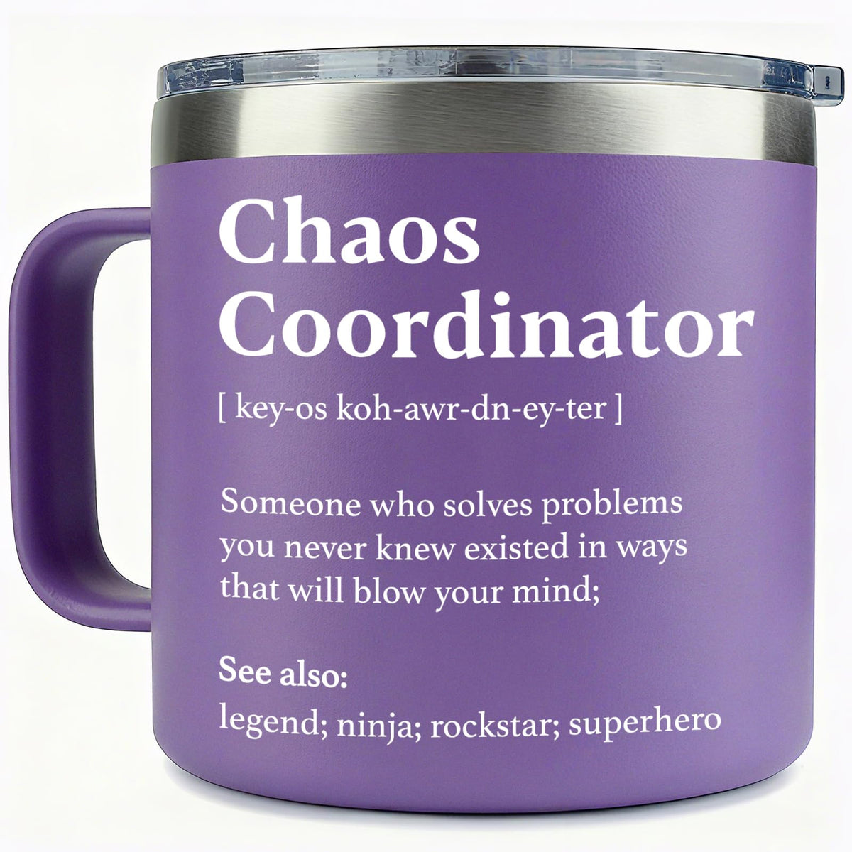 WECACYD Chaos Coordinator mug front view, 14 oz capacity for daily coffee on the go.