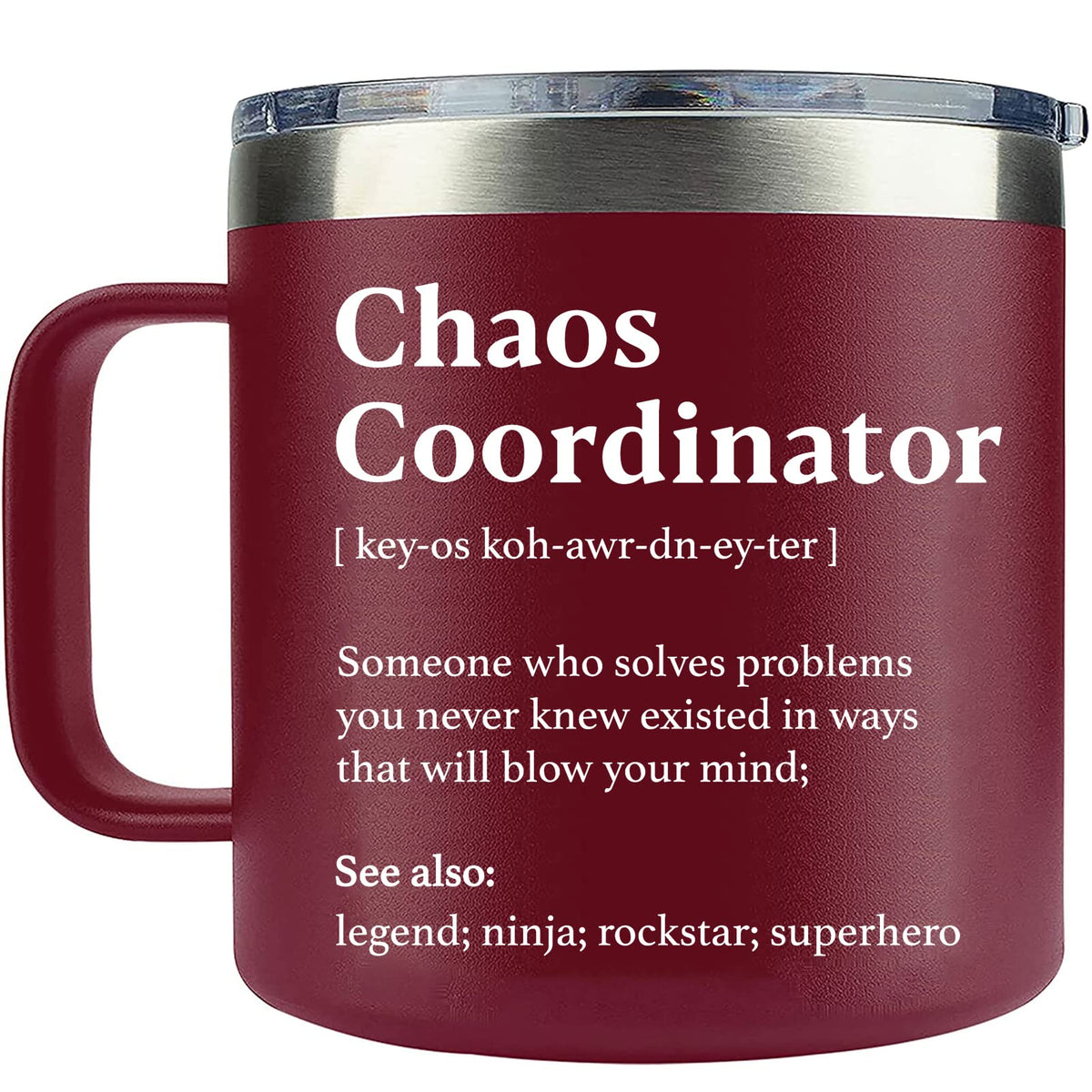 WECACYD Chaos Coordinator mug red front view, perfect for desk coffee breaks.