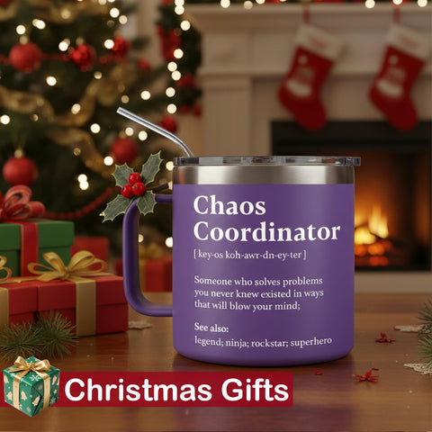 WECACYD Chaos Coordinator mug side handle, travel-friendly design for busy days at work.
