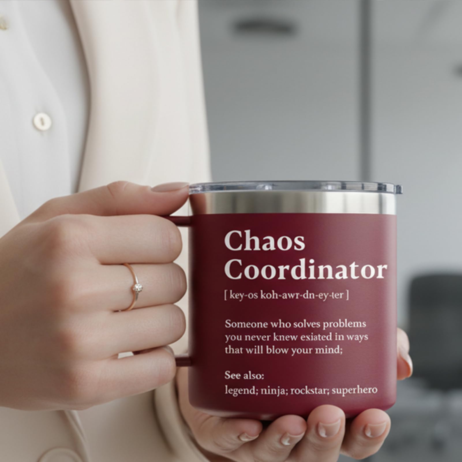 WECACYD Chaos Coordinator mug splash-proof lid, secure seal for travel.