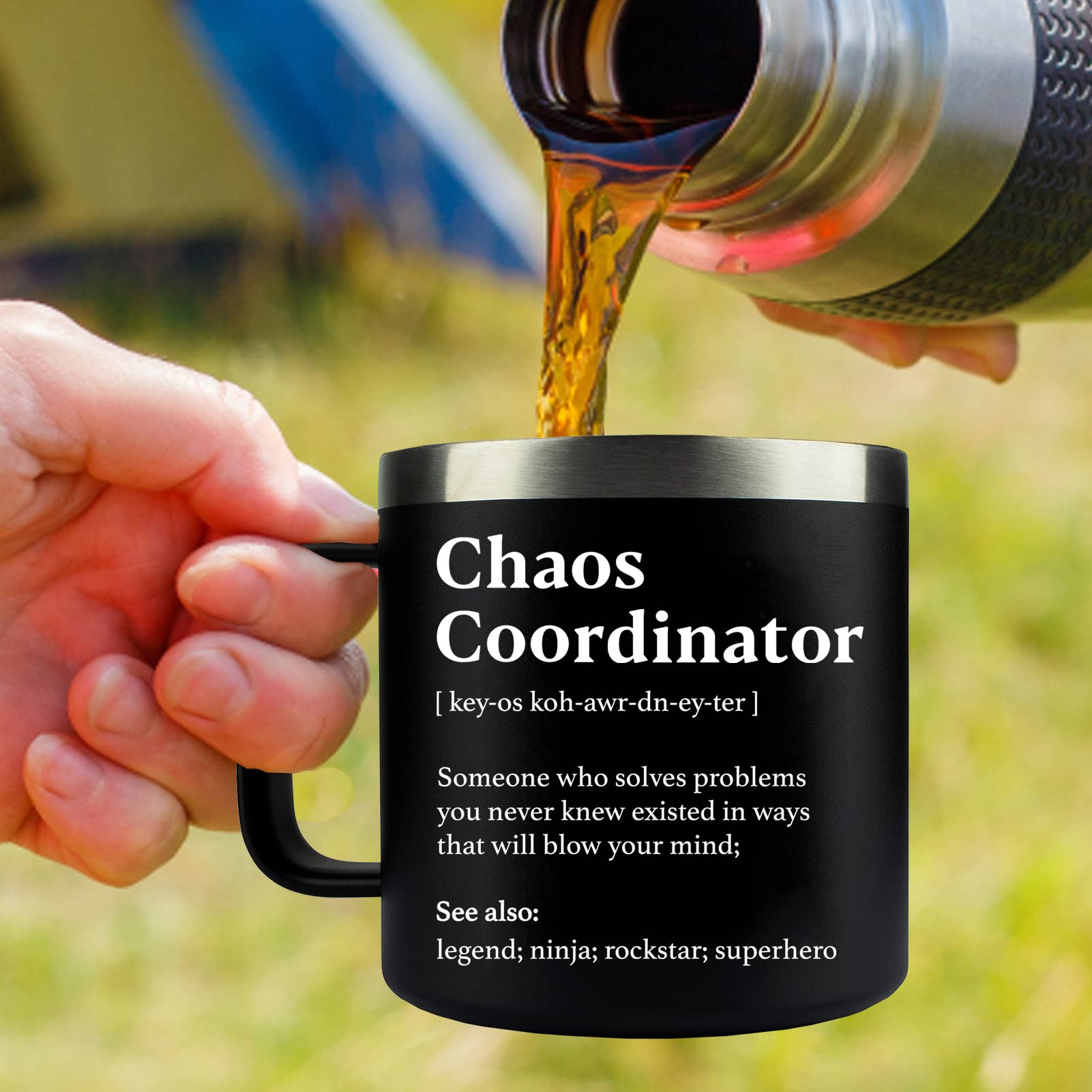 WECACYD Chaos Coordinator mug stainless steel body, durable and easy to clean.