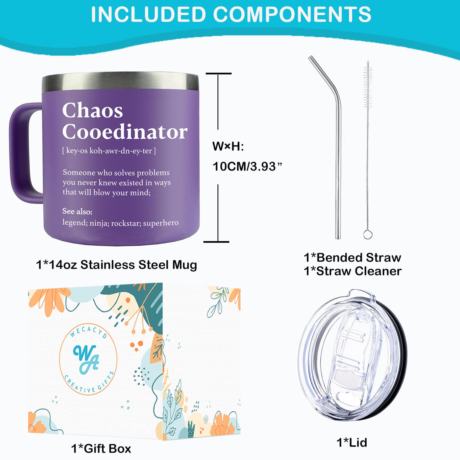 WECACYD Chaos Coordinator mug with coffee, showcasing the 14 oz capacity and bold styling.