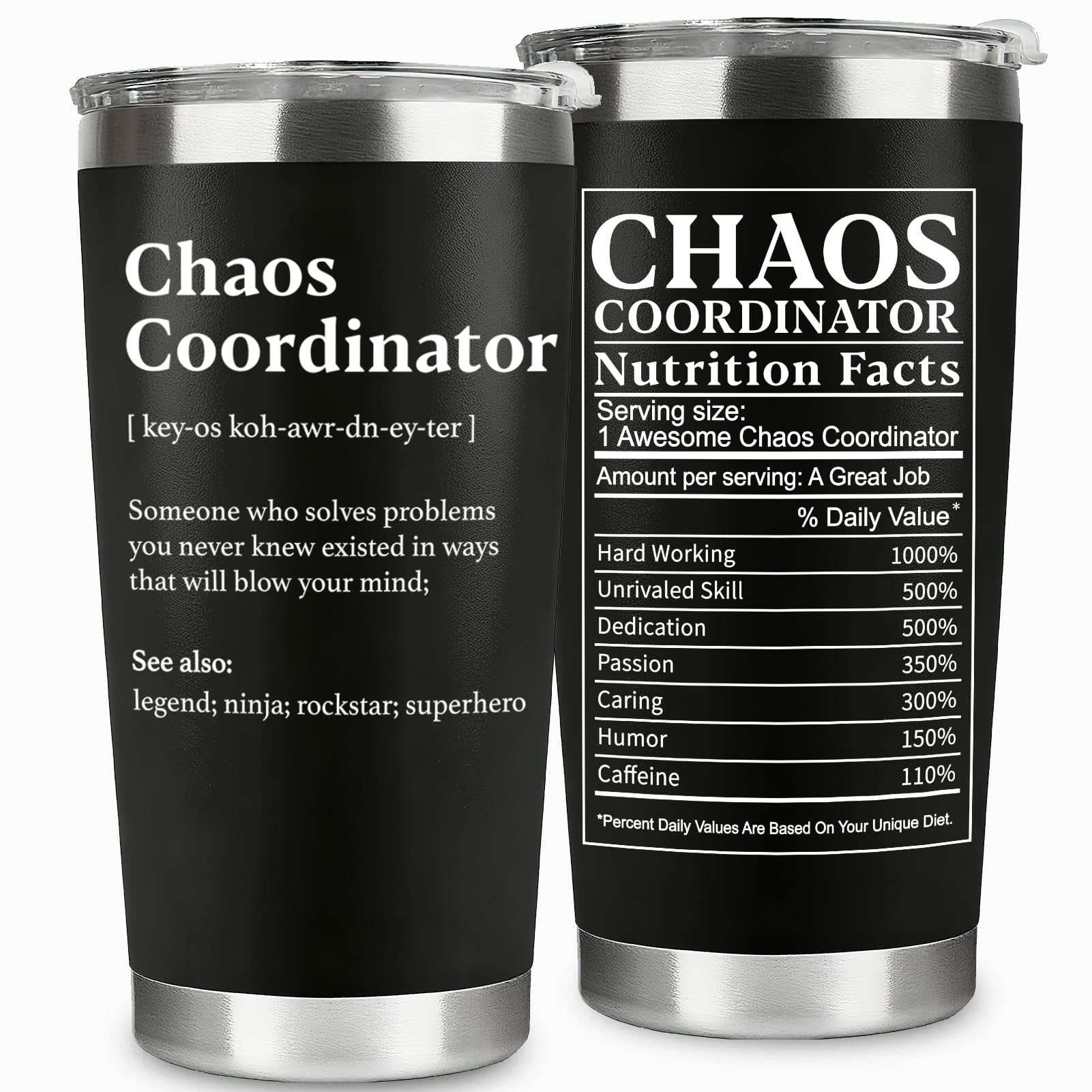 WECACYD Chaos Coordinator tumbler front design with playful gift message