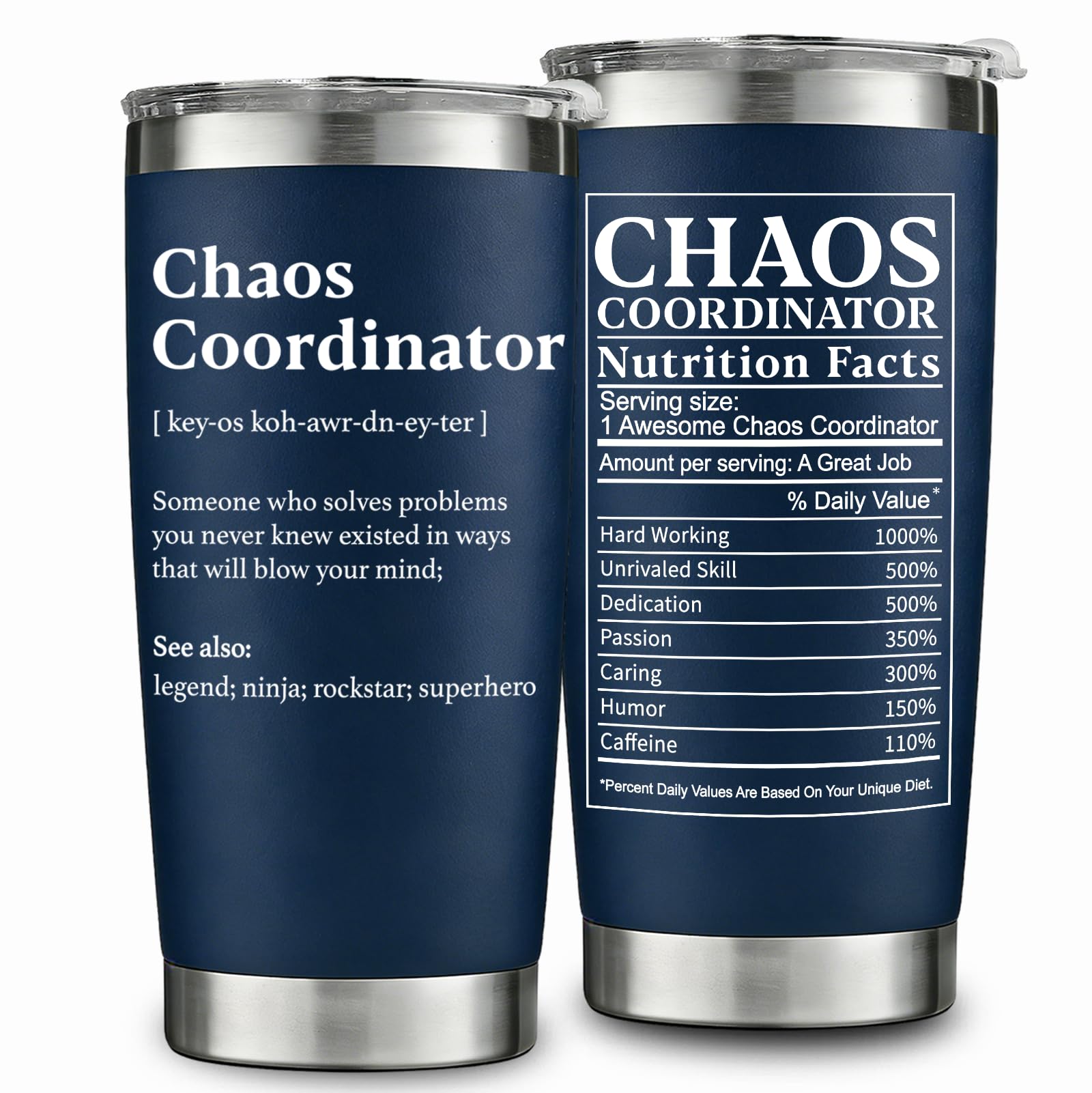 WECACYD Chaos Coordinator tumbler front view with navy finish, ideal for gifting
