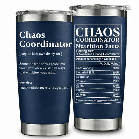 WECACYD Chaos Coordinator tumbler front view with navy finish, ideal for gifting