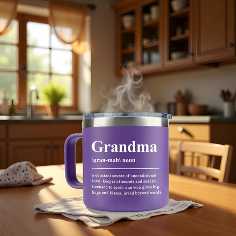 WECACYD grandma mug close-up showing stainless steel finish