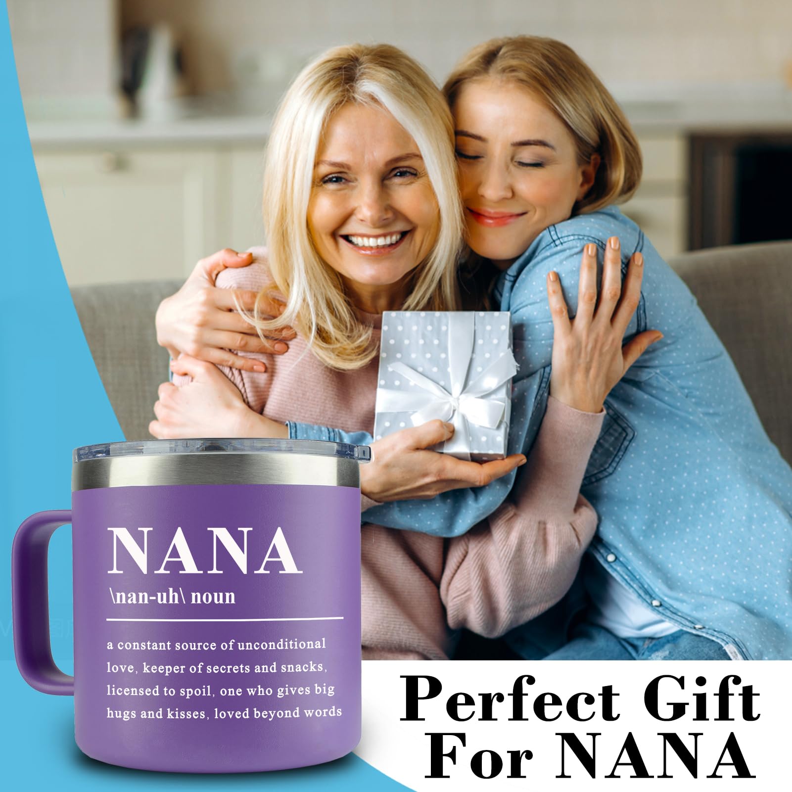 WECACYD Nana mug closeup logo shows durable stainless steel build.