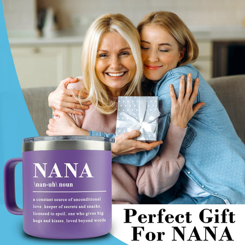WECACYD Nana mug closeup logo shows durable stainless steel build.