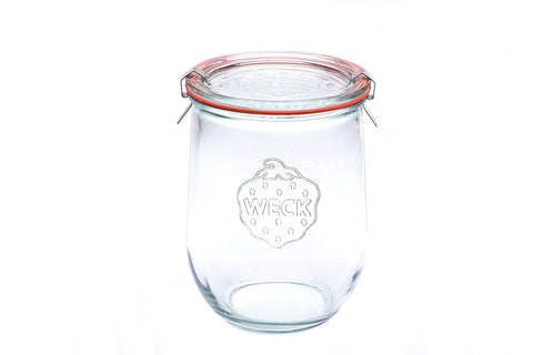 WECK 745 tulip jar in clear glass highlights fresh ingredients and organized pantry.