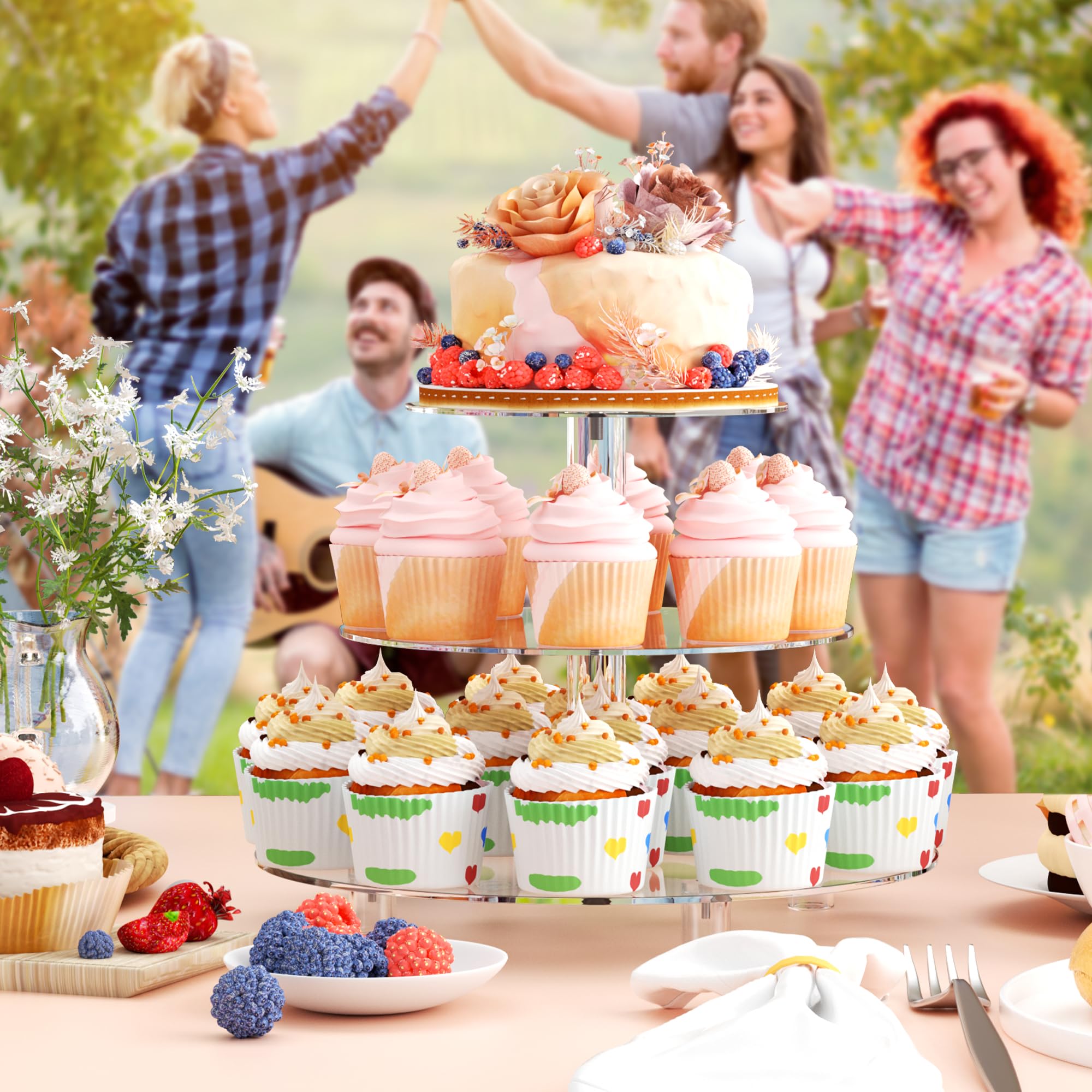 WeddingWish clear dessert tower highlights cupcakes with a polished centerpiece.