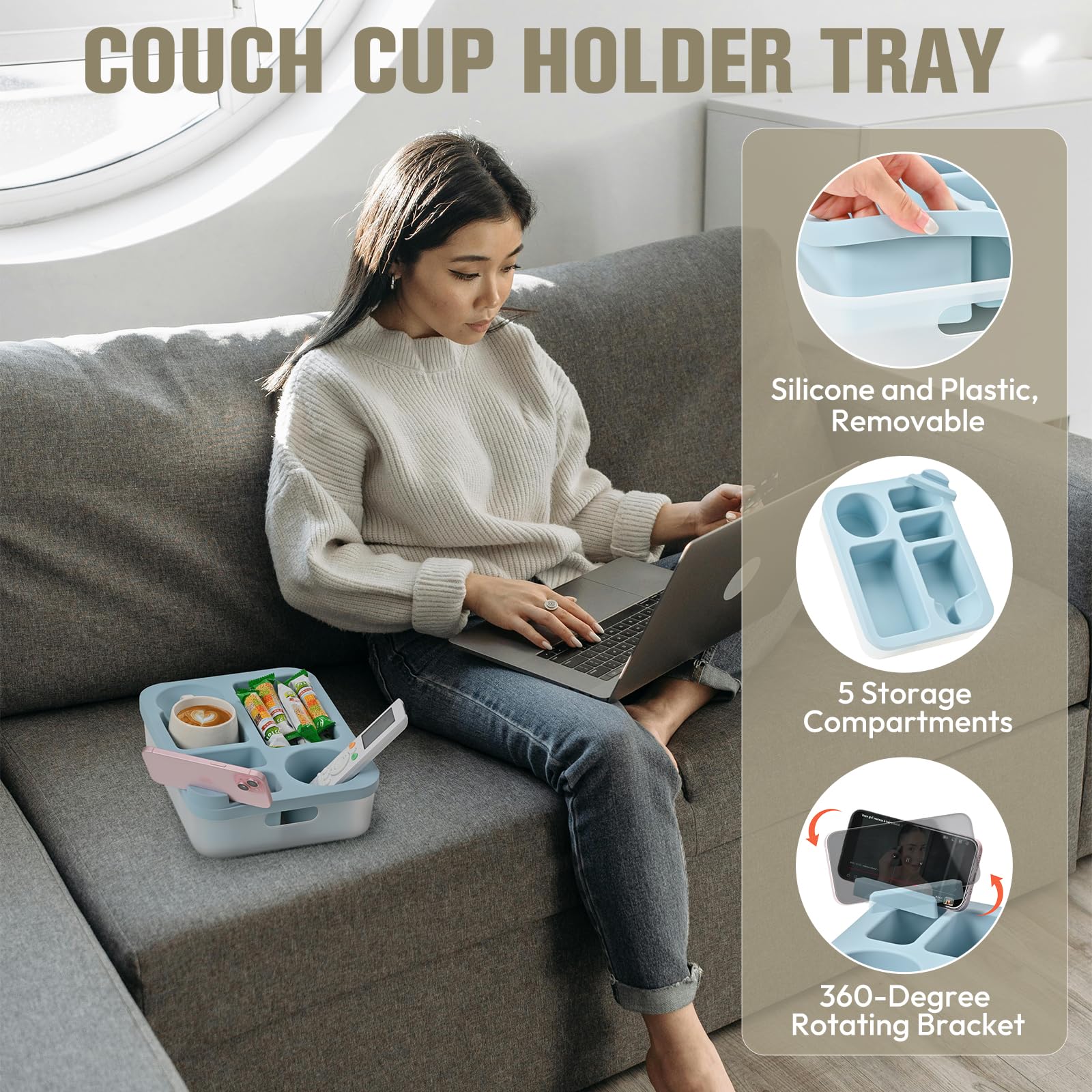 Weeme couch tray with divided compartments for drinks, remotes, and snacks.